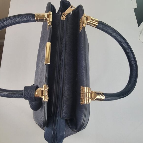Ladies Pu Leather Top Handle Satchel Handbags Elegant Tote Bag Navy Blue - Picture 6 of 11